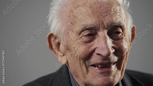 Elderly Caucasian Man With White Hair Smiling Gently Against a Neutral Gray Studio Background Wearing a Dark Blazer and