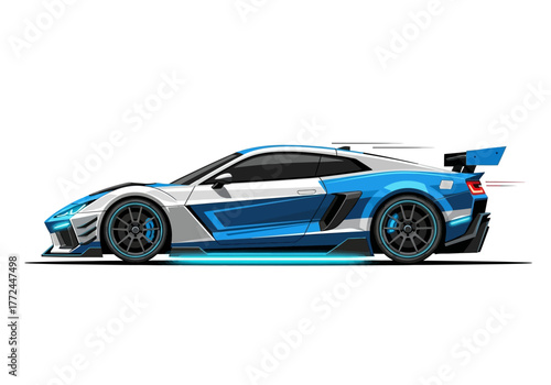 Modern blue and white sports car illustration with glowing underglow and large spoiler.