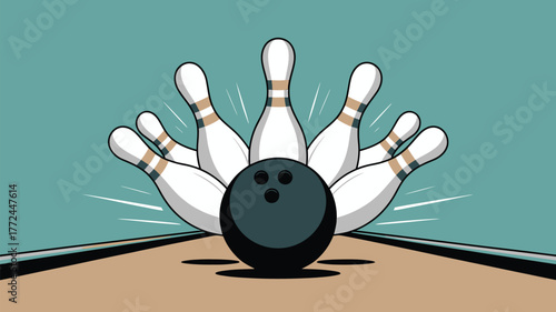 A bowling ball striking pins with motion lines on a bowling lane against a teal background scene design