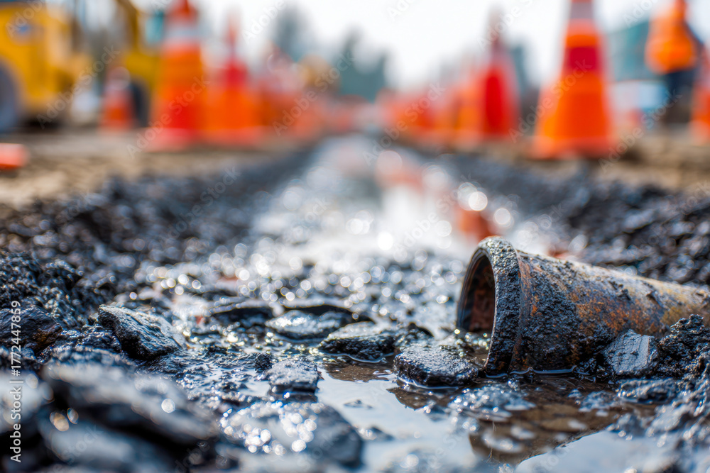 Fototapeta premium Rusted pipe leaking water on a damaged asphalt road surrounded by construction cones and blurred urban background during maintenance work