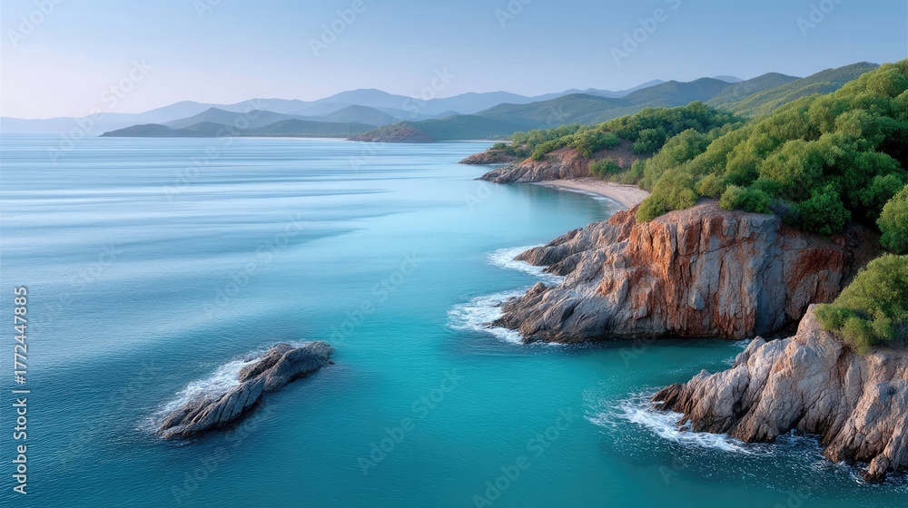 Fototapeta premium Tropical Bay Serenity Sunlight Shimmering On Turquoise Water And Lush Green Forested Hills Over Rocky Shoreline In Morning Light