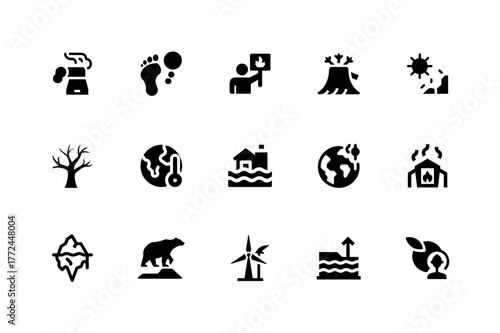 Climate Change Icons Set – Global Warming, Pollution, Flood, and Environmental Impact Symbols