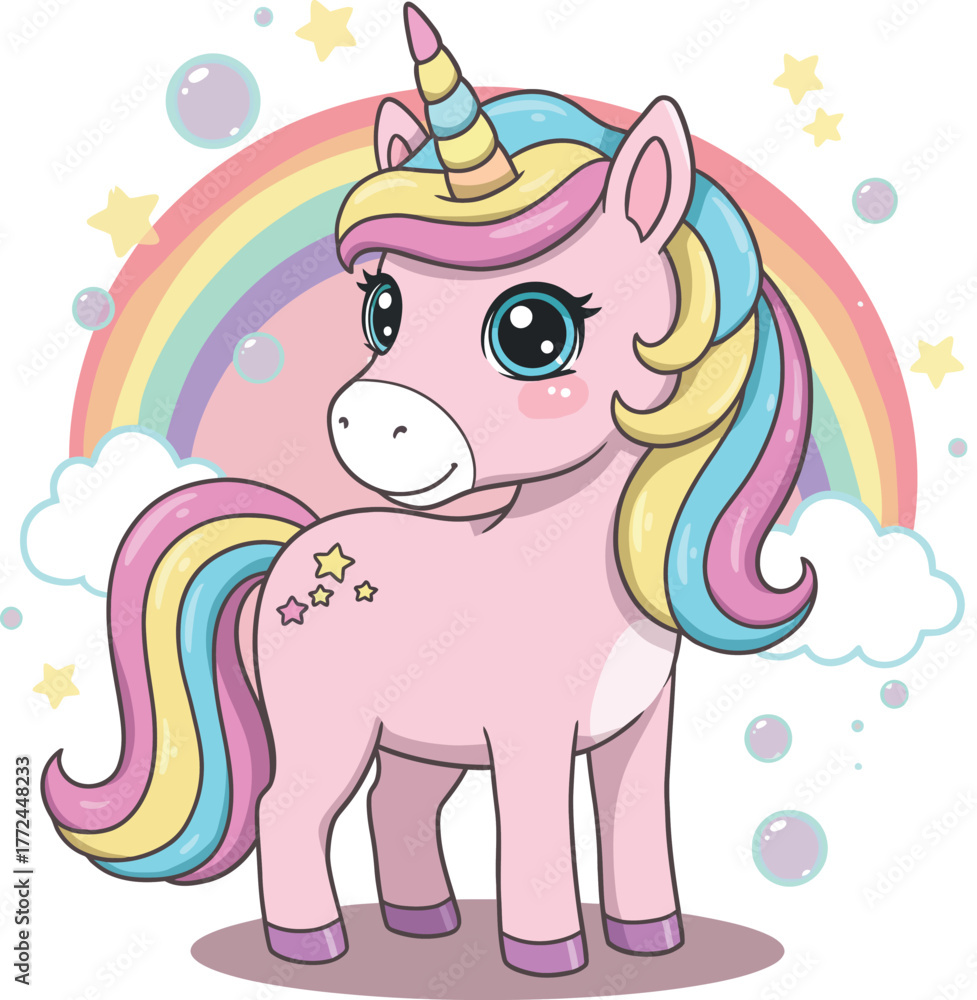 Fototapeta premium Cute pink unicorn with rainbow mane and sparkly horn in magical clouds
