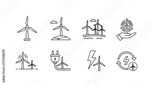 Hand drawn icons representing wind power renewable energy and sustainable technology concepts vector