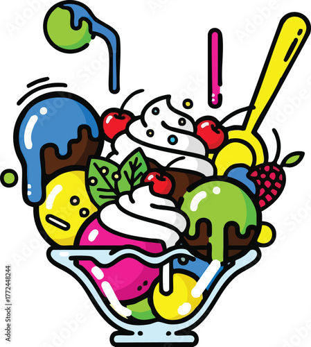 Colorful Pixel Art Ice Cream Sundae Overflowing with Fruit and Toppings