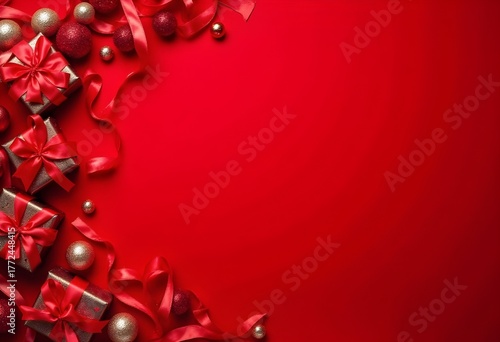 red christmas background with red ribbon