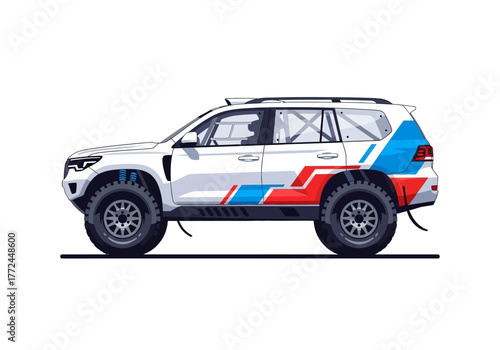 White Off-Road Racing SUV with Red and Blue Decals.