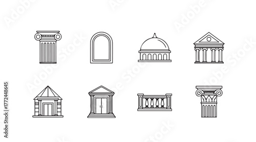 Collection of classical architectural facades and columns simple line drawings vector