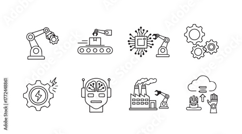 Set of eight industrial automation icons depicting robotics technology and smart manufacturing processes vector