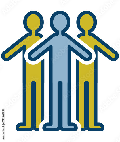 三人の人が並んで立つ全身のイラスト、つながりや絆を表すデザイン素材