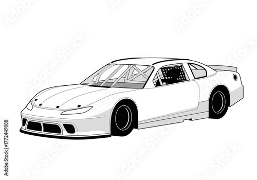 Black and white vector illustration of a generic American stock car for racing.