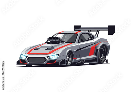 Sleek Grey and Red Race Car Vector Illustration with Large Spoiler and Exposed Engine.