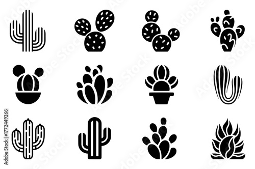 Collection of 12 stylized black and white cactus icons on a white background