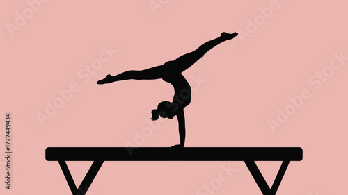 Silhouette of gymnast performing handstand on balance beam against a light pink colored background
