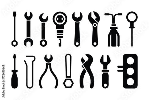 Collection of Black and White Icons Representing Various Tools and Equipment