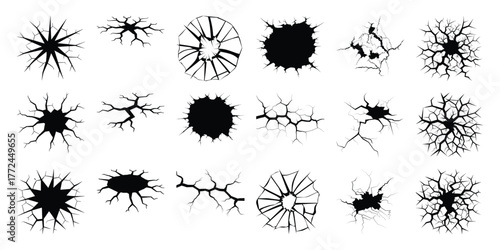 Collection of Black and White Cracked Ground and Broken Surface Graphics
