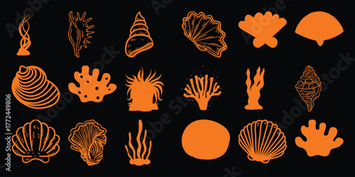Collection of Orange Marine Life Silhouettes on Black Background