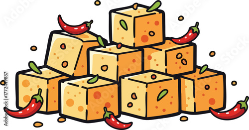 Pile Of Yellow Cubes With Red Chili Peppers and Green Leaves Scattered On White Background