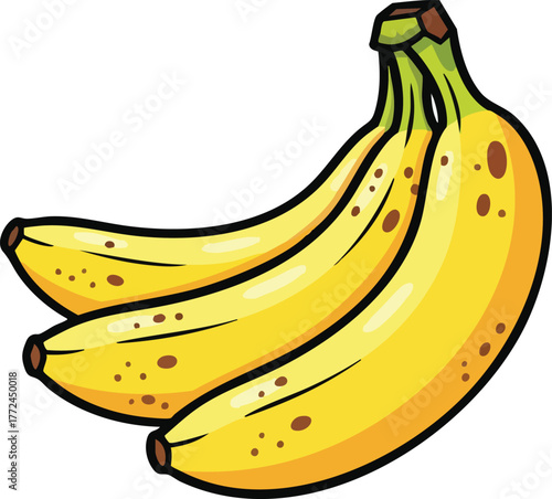 Bunch of ripe yellow bananas with brown spots against a white background detailed illustration