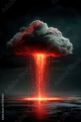 Futuristic firewall glowing red around digital cloud data symbolizes advanced cybersecurity measures to protect valuable information