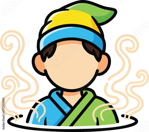 Person In Yellow Headband And Blue Green Robe Enjoying A Hot Spring With Steam Rising White Background