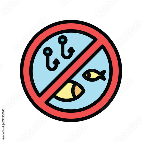 A circular sign Inside the sign is a blue circle with two fishhooks and two fish all crossed out with a red diagonal line