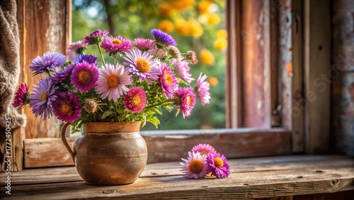 Wallpaper Mural Autumn Aster Bouquet Still Life by Window, Soft Light, Rustic Vase, Fall Flowers Torontodigital.ca