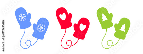 Colorful Winter Mittens Vector Set, Blue Red Green Gloves with Snowflake Heart Tree Patterns