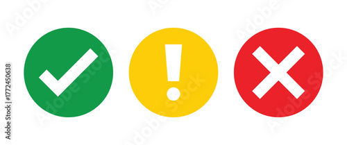 Set of flat round check mark icon vector, exclamation point, X mark icons, buttons isolated on a white background.