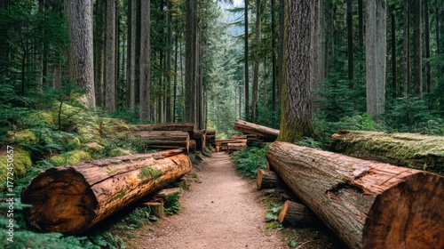 Tranquil Forest Pathway Surrounded by Fallen Trees and Green Moss
