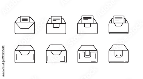 Set of eight simplified line art package and envelope icons representing delivery and shipping services vector