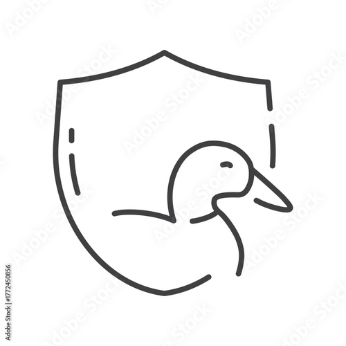 A duck icon within a shieldshaped frame The duck faces right featuring a beak and body outline