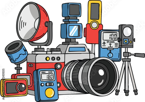 Colorful cartoon style collection of vintage cameras and photography equipment with studio flash and tripod in bright studio lighting