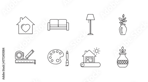 Hand drawn home decor and craft icons for interior design and diy projects vector