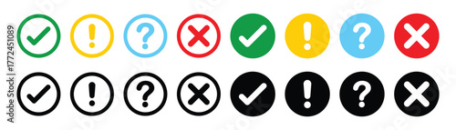 Set of round check mark, exclamation point, x mark icon. Check mark, exclamation point, cross mark icons set Flat and outline style. Vector illustration.
