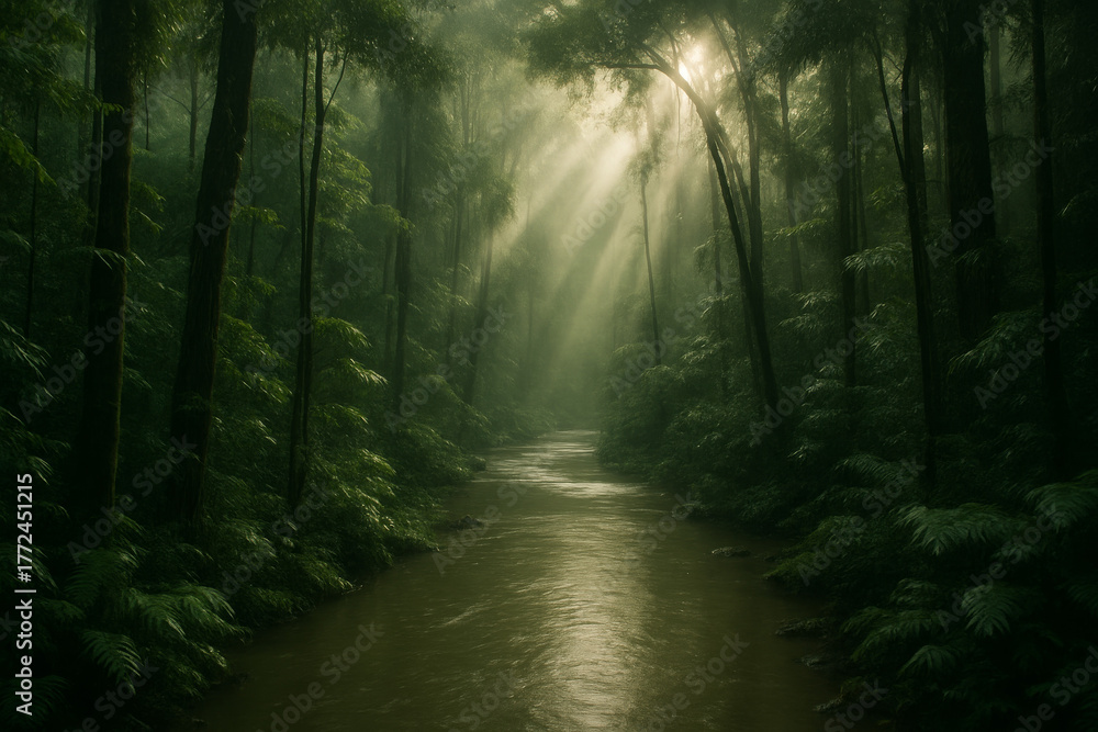 Fototapeta premium A serene river winding through a dense tropical rainforest with dramatic sunbeams cutting through the misty atmosphere