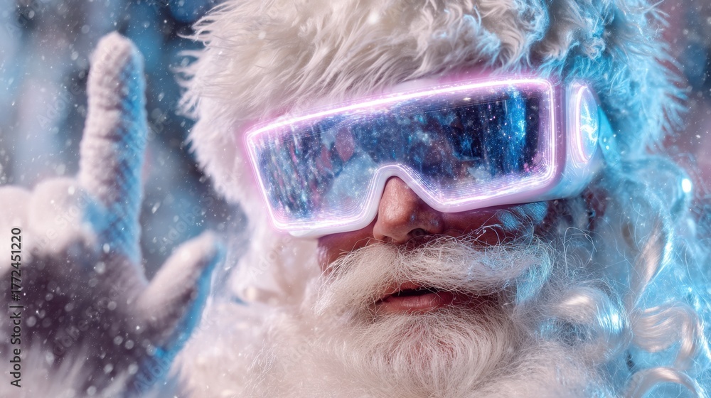 Naklejka premium Futuristic Santa Claus with Neon Glasses in a Snowy Wonderland