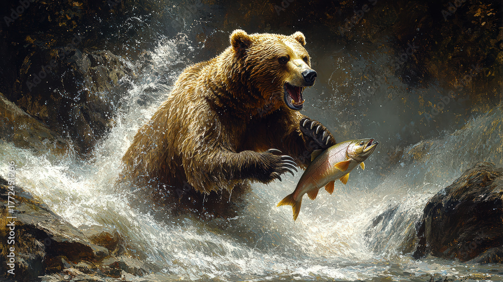 Fototapeta premium Majestic powerful grizzly bear roaring while catching fish in wild river