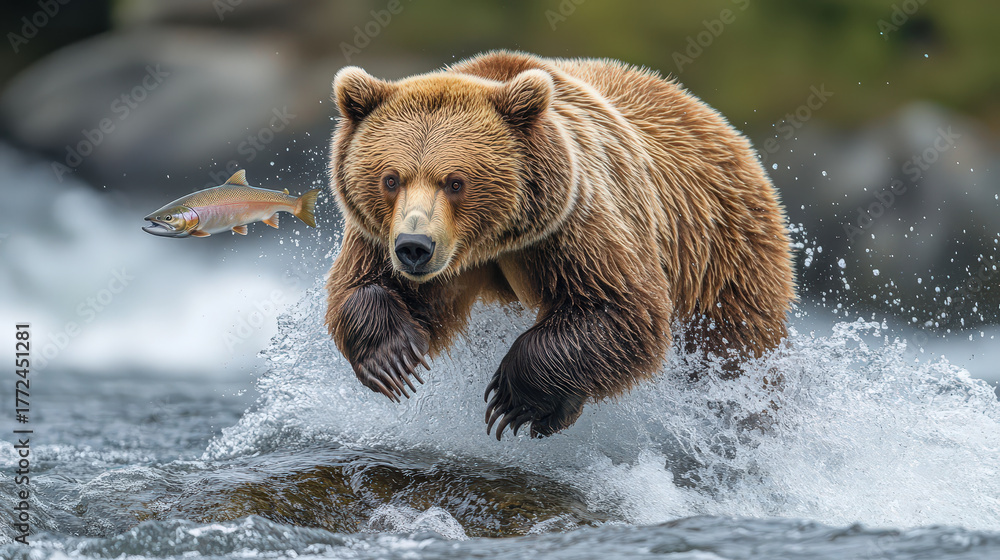 Fototapeta premium Majestic grizzly bear hunting for salmon fish in powerful wild river