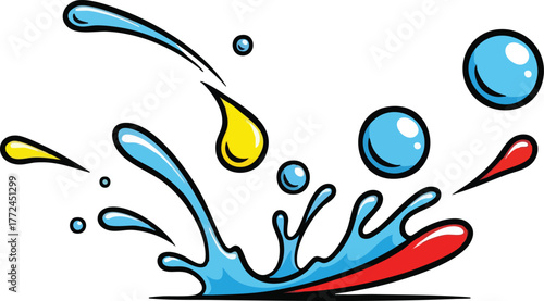 Dynamic Blue Water Splash with Red and Yellow Drops and Bubbles Against White Background