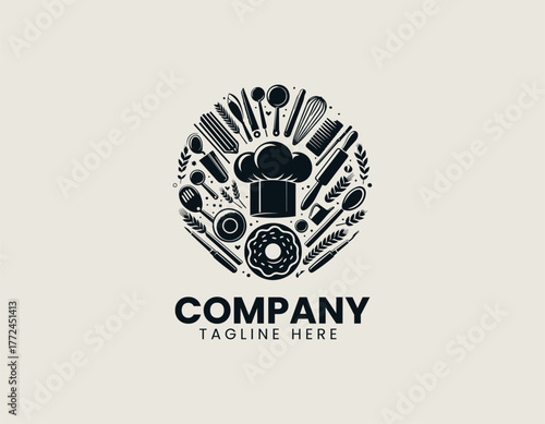 Chef hat bakery tools black vector logo illustration 