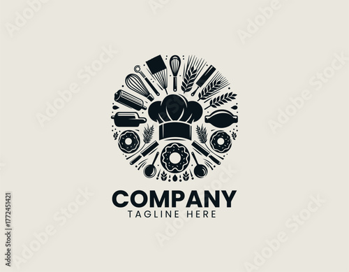 Chef hat bakery tools black vector logo illustration 