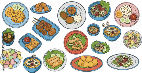 Colorful Assortment of Pixelated Food Dishes Overhead View