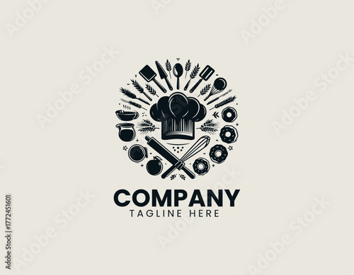 Chef hat bakery tools black vector logo illustration 