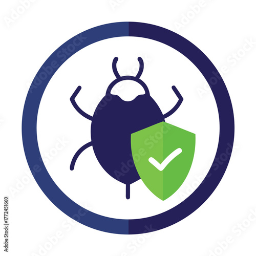 Antivirus protection shield with a bug inside circle representing cybersecurity and protection from viruses and malware concept