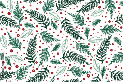 Christmas seamless pattern with winter plants. Traditional winter season, events, botanical decor. Green branches and red berries are elements of the New Year's banner design.