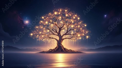 Magical glowing tree of life illuminated by countless golden lights against a starry night sky