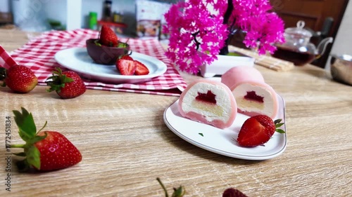 Mochi cakes and fresh strawberries falling in slow motion