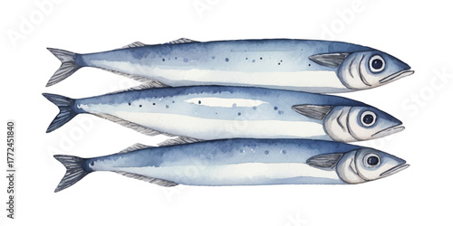 Sea watercolor pattern. Sardines, fish, herring. Simple decor in Scandinavian style in soft blue and brown tones. For wrapping paper, fabric. Vector