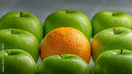 A vibrant fresh orange surrounded by glossy green apples symbolizing uniqueness and standing out in a sea of similarity concept on gray background